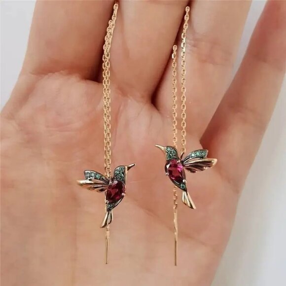 Long Ganging Cardinal Creative Exquisite Hummingbird Threader Gold Earrings - Picture 2 of 6